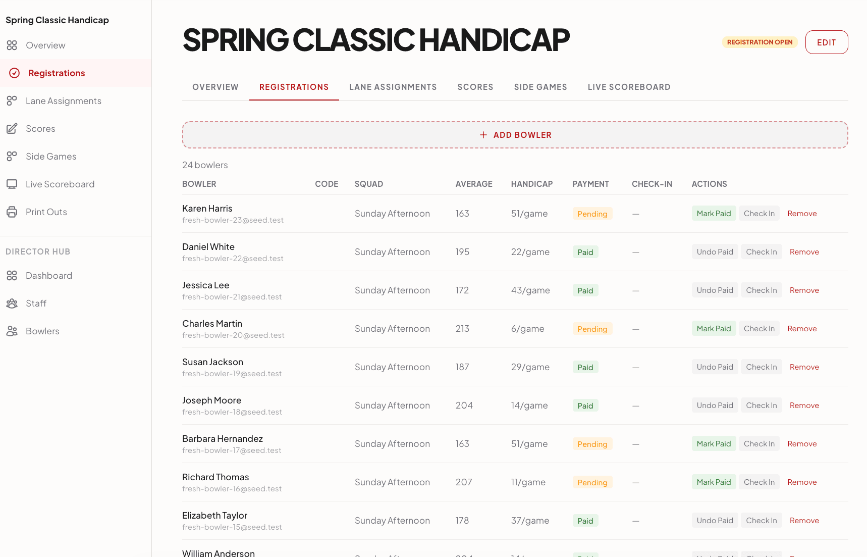Registration management showing bowler entries and squad assignments